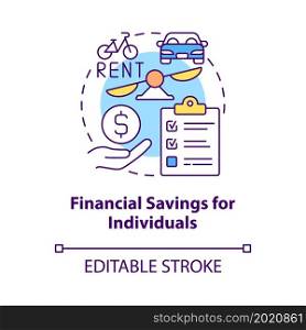Financial savings for individuals concept icon. Bike sharing benefit abstract idea thin line illustration. Using e-bicycle instead car. Vector isolated outline color drawing. Editable stroke. Financial savings for individuals concept icon