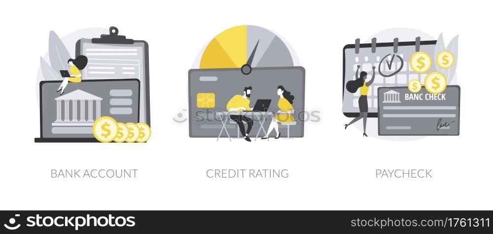 Financial services abstract concept vector illustration set. Bank account, credit rating, paycheck cash, card details, electronic savings deposit, salary statement, company score abstract metaphor.. Financial services abstract concept vector illustrations.