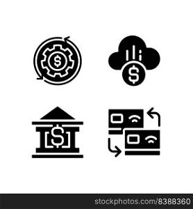 Financial services black glyph icons set on white space. Money management. Card transfer. Cloud payment. Financial institution. Silhouette symbols. Solid pictogram pack. Vector isolated illustration. Financial services black glyph icons set on white space