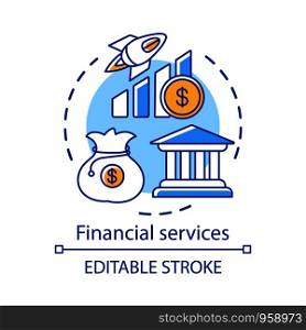 Financial services concept icon. Finance industry. Administration of funds. Savings and investments. Money management idea thin line illustration. Vector isolated outline drawing. Editable stroke