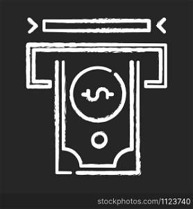 Financial services industry chalk icon. Banking. Cash withdrawal. Money management. Funds administration . Receiving dollar banknotes from ATM. Cash receiving. Isolated vector chalkboard illustration