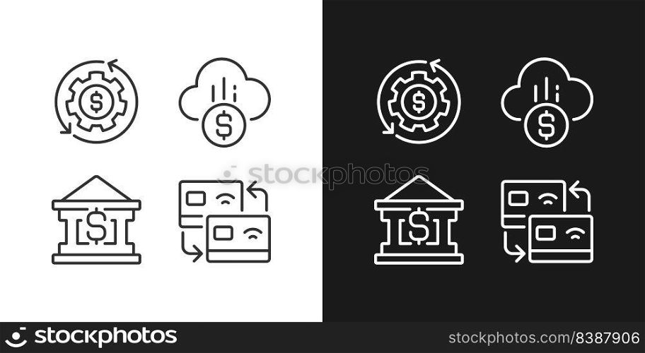 Financial services pixel perfect linear icons set for dark, light mode. Money management. Card transfer. Cloud payment. Thin line symbols for night, day theme. Isolated illustrations. Editable stroke. Financial services pixel perfect linear icons set for dark, light mode