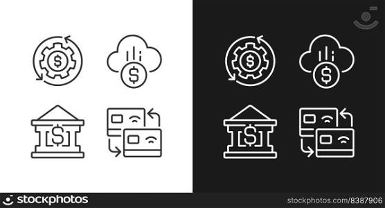 Financial services pixel perfect linear icons set for dark, light mode. Money management. Card transfer. Cloud payment. Thin line symbols for night, day theme. Isolated illustrations. Editable stroke. Financial services pixel perfect linear icons set for dark, light mode