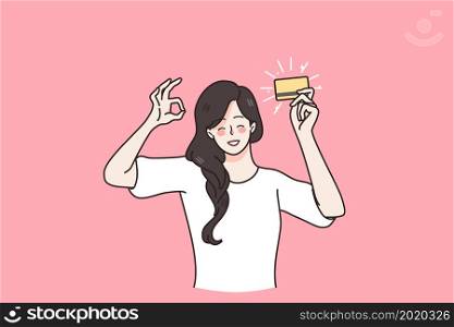Financial stability and credit card concept. Young smiling asian woman holding golden credit card in raised hand showing ok sign gesture with hand vector illustration . Financial stability and credit card concept.
