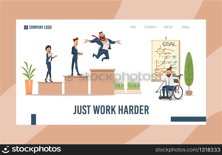 Financial Startup, Business Courses Trendy Flat Vector Web Banner, Landing Page Template. Happy Businesspeople, Company Employees, Disabled Office Worker in Wheelchair Celebrating Success Illustration