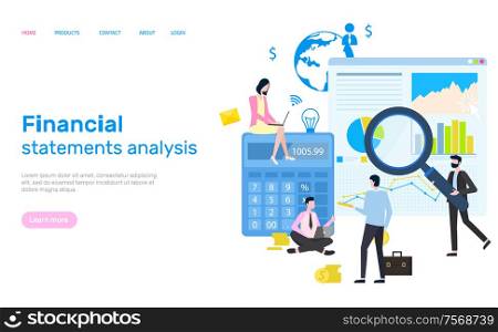 Financial statement analysis, people working, website vector. Workers dealing with finance and assets of firm, magnifying glass and statistics conduction. Webpage template landing page in flat. Financial Statement Analysis Peoples Research