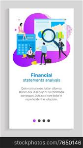 Financial statement analysis vector, businessman holding magnifying glass and zooming information on paper, infocharts and segments of pie diagram. Website or app slider, landing page flat style. Financial Statement Analysis, Person with Tool