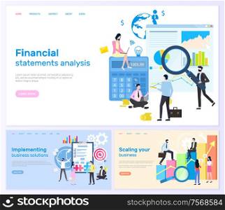 Financial statements analysis and solution vector. Implementing solutions and scaling business, people with magnifying glass and calculator, finance planning. Website template, landing page flat style. Financial Statements Analysis and Solution Web