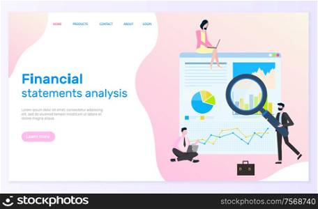 Financial statements analysis website text vector. Business worker with magnifying glass researching charts and graphics on screen, infographics data. Webpage template landing page in flat. Financial Statements Analysis Research of Content