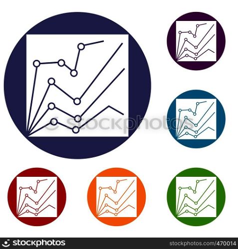 Financial statistics icons set in flat circle reb, blue and green color for web. Financial statistics icons set