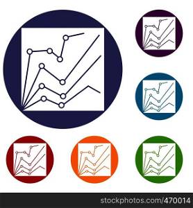 Financial statistics icons set in flat circle reb, blue and green color for web. Financial statistics icons set