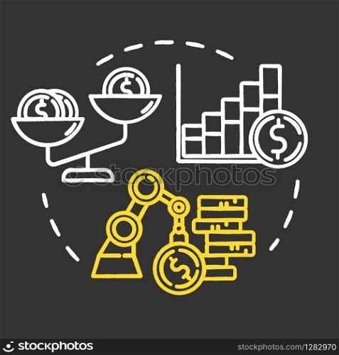 Financial strategies chalk RGB color concept icon. Coin and cash. Earning money. Capital growth. Accounting for income. Self-building idea. Vector isolated chalkboard illustration on black background