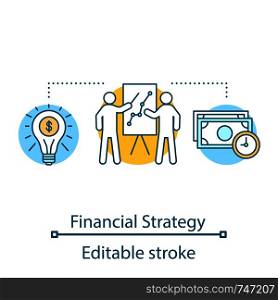 Financial strategy concept icon. Business planning idea thin line illustration. Presentation. Business training and coaching. Teamwork. Vector isolated outline drawing. Editable stroke. Financial strategy concept icon