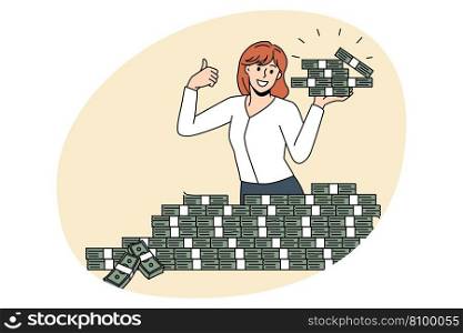 Financial success and big money concept. Smiling woman worker standing and holding heaps of cash money showing thumbs up sign vector illustration. Financial success and big money concept