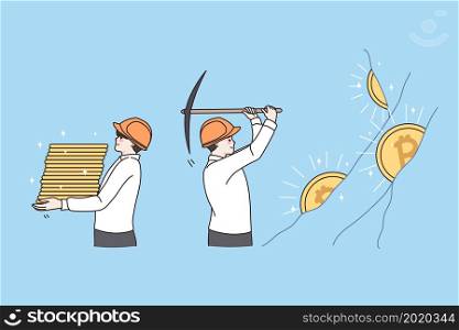 Financial success and earning concept. Positive businessmen miners wearing helmets and white shirts with hammer getting gold earning profit vector illustration . Financial success and earning concept