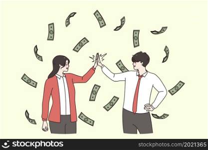 Financial success and Leadership concept. Business team colleagues man and woman standing shaking hands with flying money at background vector illustration . Financial success and Leadership concept