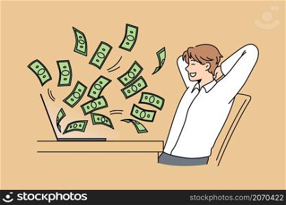 Financial success and making money online concept. Young smiling businessman sitting at laptop and looking at flying from screen money cash feeling positive dynamics vector illustration . Financial success and making money online concept.