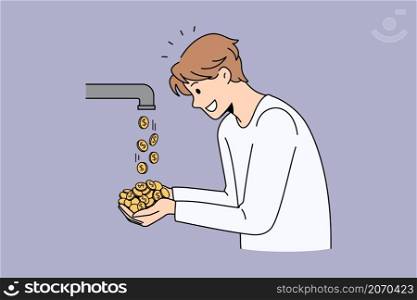 Financial success and profit concept. Young smiling businessman standing taking golden coins going from tap feeling positive dynamics vector illustration . Financial success and profit concept