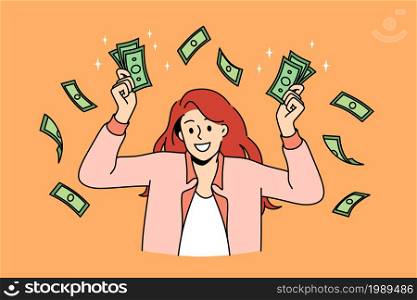 Financial success and wealth concept. Young smiling woman cartoon character standing holding heaps of green cash money in hands vector illustration . Financial success and wealth concept
