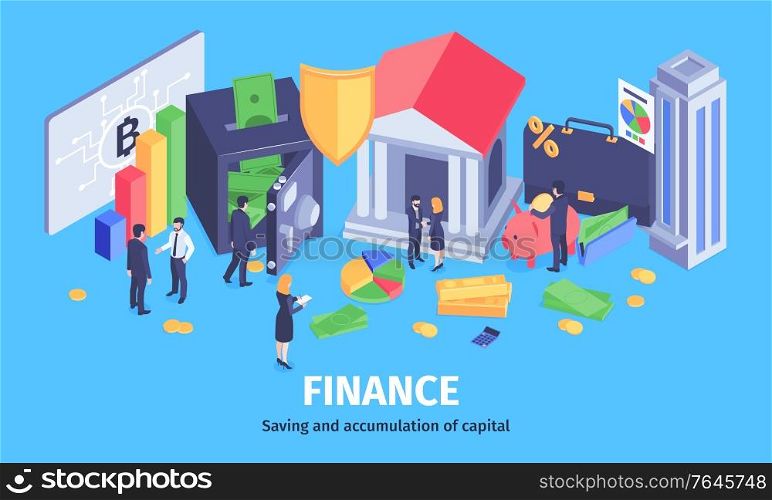 Financial success wealth accumulation isometric composition with saving secure profitable investment analysis advisors electronic wallet vector illustration