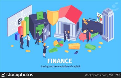 Financial success wealth accumulation isometric composition with saving secure profitable investment analysis advisors electronic wallet vector illustration