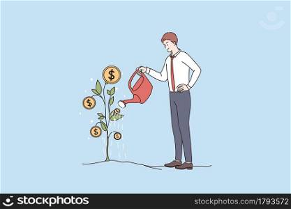 Financial success, wealth, profit concept. Young businessman standing growing income watering plant with coins vector illustration. Financial success, wealth, profit concept