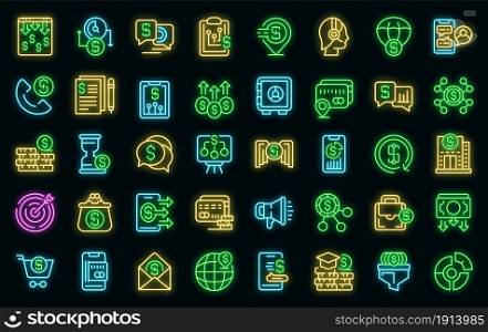 Financial support icons set. Outline set of financial support vector icons neon color on black. Financial support icons set vector neon