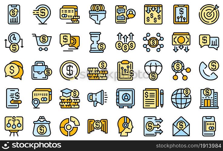 Financial support icons set. Outline set of financial support vector icons thin line color flat isolated on white. Financial support icons set line color vector