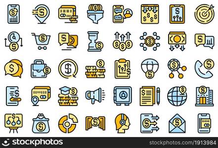 Financial support icons set. Outline set of financial support vector icons thin line color flat isolated on white. Financial support icons set line color vector