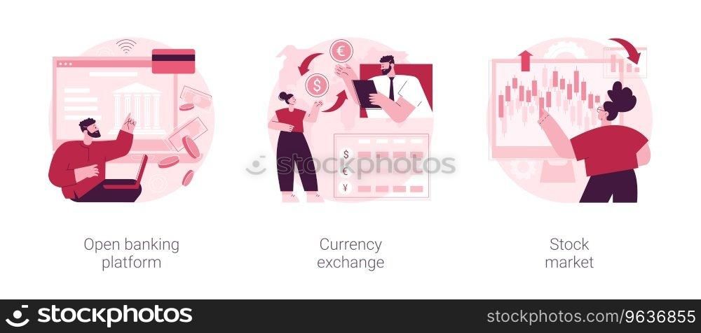 Financial system abstract concept vector illustration set. Open banking platform, currency exchange, stock market index, forex broker, digital transformation, global investment abstract metaphor.. Financial system abstract concept vector illustrations.