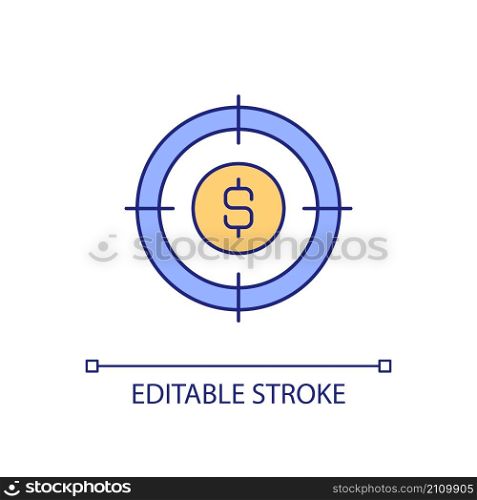 Financial target RGB color icon. Money savings and spending. Planning and management. Revenue and income. Isolated vector illustration. Simple filled line drawing. Editable stroke. Arial font used. Financial target RGB color icon