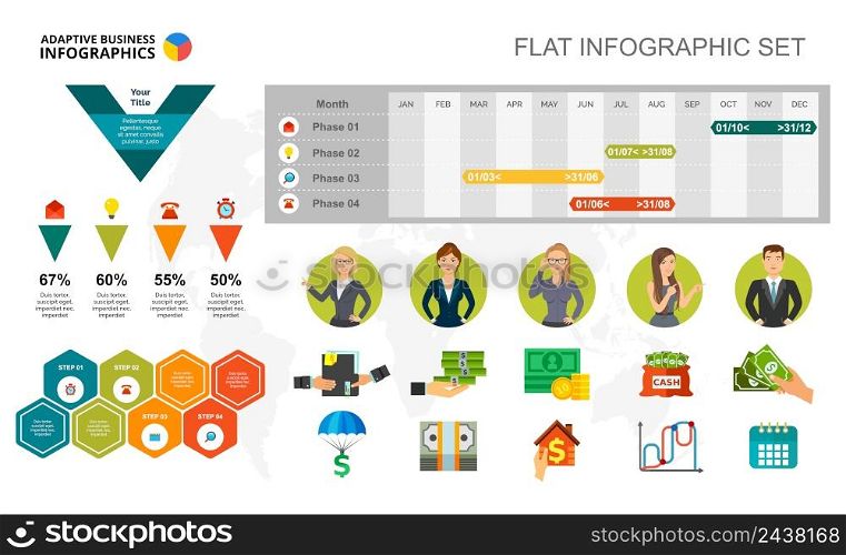 Financial timeline and percentage chart template for presentation. Vector illustration. Diagram, graph, infochart. Strategy, finance, planning or marketing concept for infographic, report.