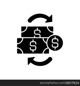 Financial transactions black glyph icon. Agreement between buyer and seller to exchange asset for specific amount of money payment. Silhouette symbol on white space. Vector isolated illustration. Financial transactions black glyph icon