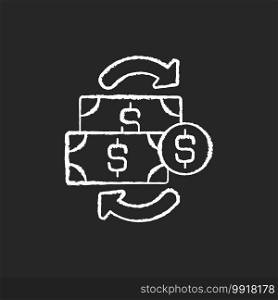 Financial transactions chalk white icon on black background. Agreement between buyer and seller to exchange asset for specific amount of money payment. Isolated vector chalkboard illustration. Financial transactions chalk white icon on black background