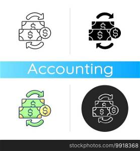 Financial transactions icon. Agreement between buyer and seller to exchange asset for specific amount of money payment. Linear black and RGB color styles. Isolated vector illustrations. Financial transactions icon