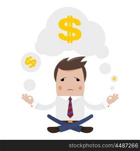Financial yoga. Businessman meditating on money. Young businessman in lotus position. The concept of a crisis problem solving. Stock vector illustration