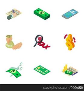 Financier icons set. Isometric set of 9 financier vector icons for web isolated on white background. Financier icons set, isometric style