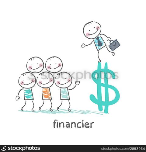 financier is on the dollar sign and talking with people