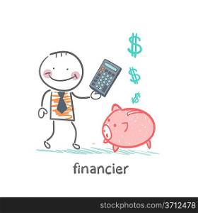 financier with a calculator and piglets piggy bank