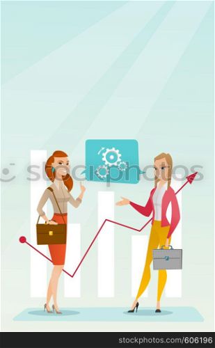 Financiers talking on background of the financial graph. Financiers discussing situation on financial market. Financiers analyzing statistical data. Vector flat design illustration. Vertical layout.. Business women analyzing financial data.