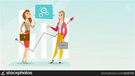 Financiers talking on the background of financial graph. Financiers discussing situation on financial market. Financiers analyzing statistical data. Vector flat design illustration. Horizontal layout.. Business women analyzing financial data.
