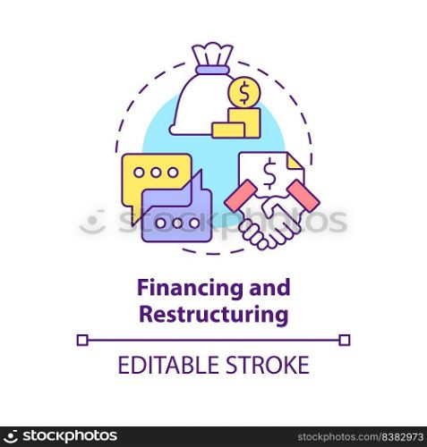 Financing and restructuring concept icon. Complete sale agreement. Stage of merger abstract idea thin line illustration. Isolated outline drawing. Editable stroke. Arial, Myriad Pro-Bold fonts used. Financing and restructuring concept icon