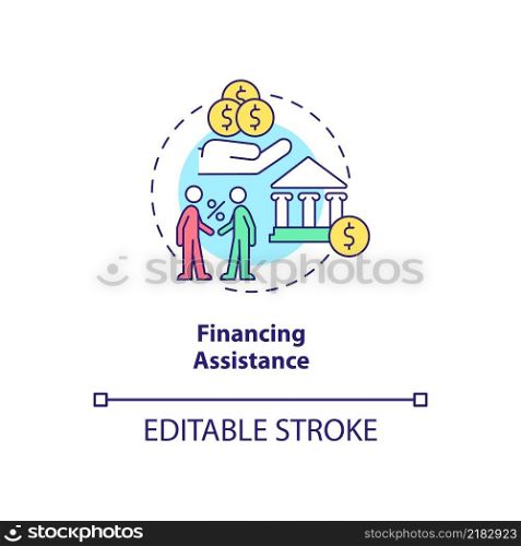 Financing assistance concept icon. Governmental grant. Export business advantages abstract idea thin line illustration. Isolated outline drawing. Editable stroke. Arial, Myriad Pro-Bold fonts used. Financing assistance concept icon