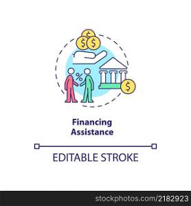 Financing assistance concept icon. Governmental grant. Export business advantages abstract idea thin line illustration. Isolated outline drawing. Editable stroke. Arial, Myriad Pro-Bold fonts used. Financing assistance concept icon