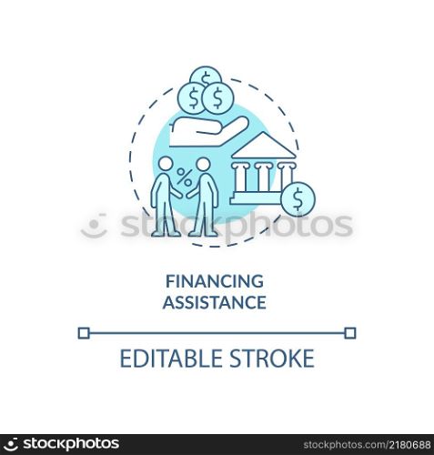 Financing assistance turquoise concept icon. Governmental grant. Export business abstract idea thin line illustration. Isolated outline drawing. Editable stroke. Arial, Myriad Pro-Bold fonts used. Financing assistance turquoise concept icon