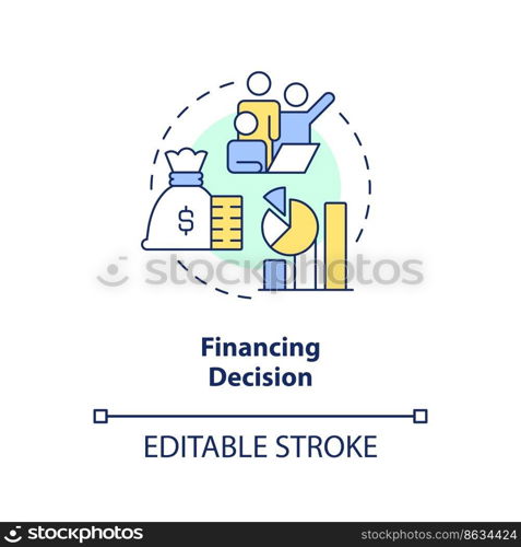 Financing decision concept icon. Capital structure. Type of financial decision abstract idea thin line illustration. Isolated outline drawing. Editable stroke. Arial, Myriad Pro-Bold fonts used. Financing decision concept icon