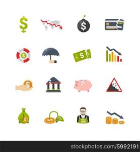 Finantial Crisis Flat Icons Set. Financial crisis symbols flat icons set with currency banknotes and money box declining savings abstract isolated vector illustration