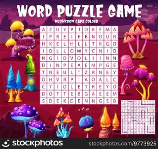 Find a color of alien magic mushroom caps word search puzzle quiz game worksheet. Kids quiz grid, kindergarten children puzzle game or child logical vector riddle with words in letters find task. Word search puzzle, quiz game with alien mushrooms