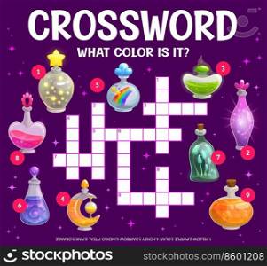 Find a color of magic potion bottles. Crossword grid worksheet. Find a word quiz game. Cartoon vector boardgame with glass flasks filled with witch elixir. Children puzzle for education and learning. Find a color of magic potion bottles, crossword