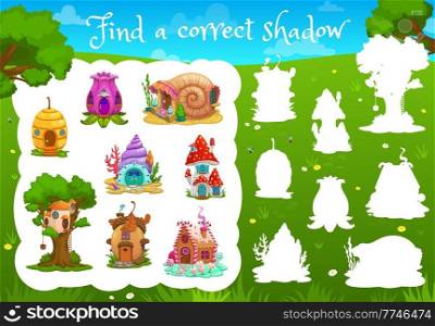 Find a correct shadow game. Flower and acorn, shell, beehive, mushroom and caramel cartoon houses. Vector game worksheet, kids matching game with dwarf or fairy dwellings contours, test for children. Find a correct shadow kids matching game task